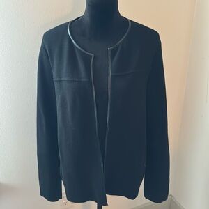 Talbots black open front long sleeves cotton blend pique faux leather trim top L